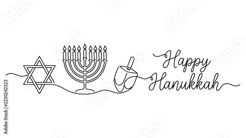 Happy Hanukkah Greeting with Menorah Star and Dreidel in Decorative Line Art Illustration