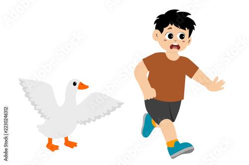 little kid being chased by a goose. Vector illustration.