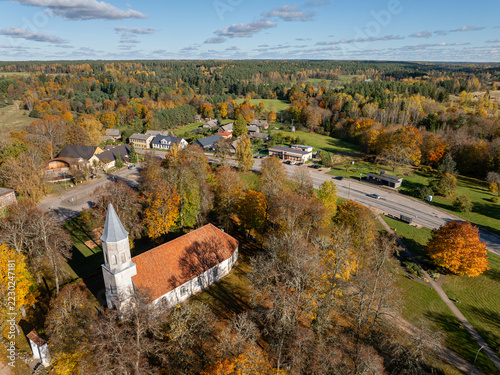 Fotografie Aerial View of Renda Lutheran Church and Village in Autumn, Latvia