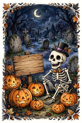 Cute Halloween party card illustration of a happy skeleton wearing a top hat sitting with glowing jack-o-lantern pumpkins in a spooky graveyard at night.
