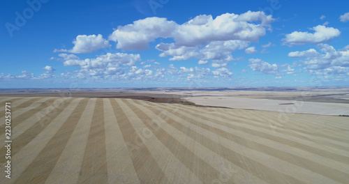 Expansive farmland stretches under a vast sky, with copy space