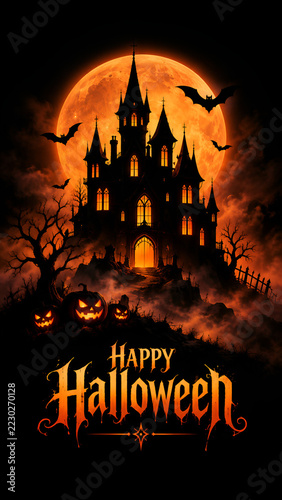 Spooky Halloween poster featuring a haunted gothic castle, giant glowing orange full moon, flying bats, scary pumpkins, and Happy Halloween lettering.