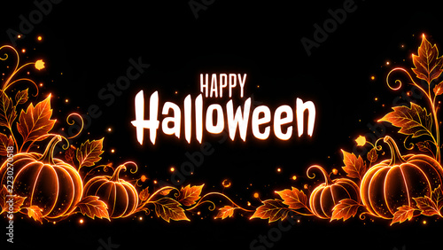 Glowing Halloween pumpkins and autumn leaves with festive text on a black background.