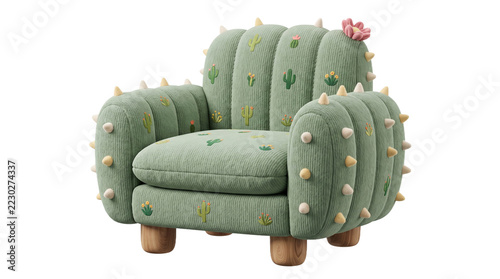 Green cactus shaped armchair with embroidered patterns and soft spikes a white , isolated on transparent background png .