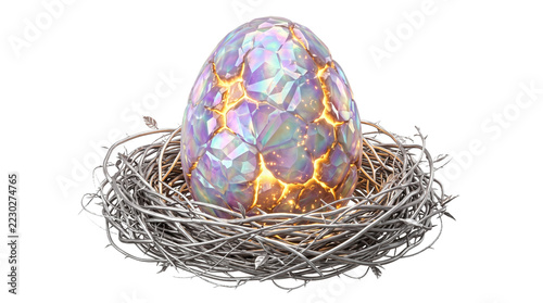 A glowing iridescent crystal egg resting inside a metallic silver nest , isolated on transparent background png .