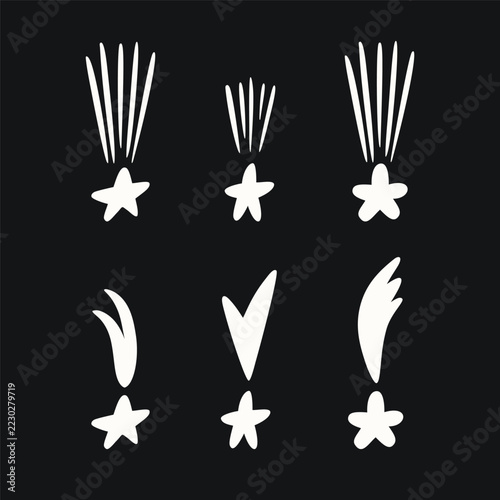 Minimal shooting star symbols isolated on a background. Set of hand drawn sparkle star icons vector design elements.