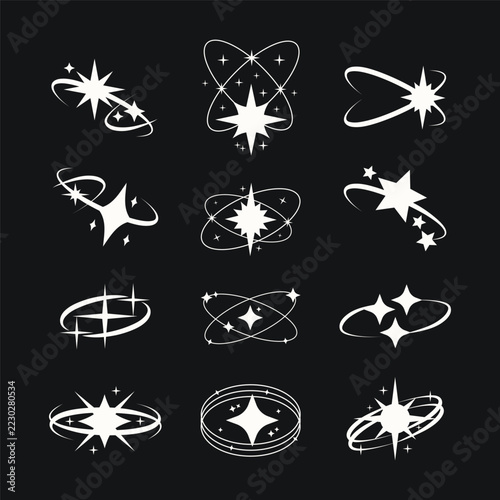 Set of vector futuristic Y2K black and white stars. Geometric abstract retro sparkles with retrofuturistic aesthetic.