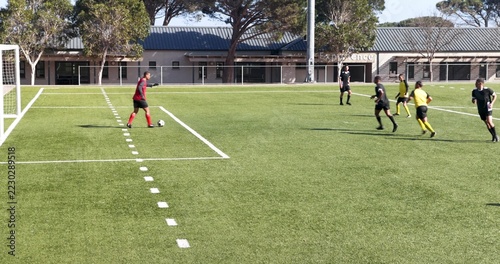 Soccer players in yellow jerseys celebrating goal on sunny outdoor field