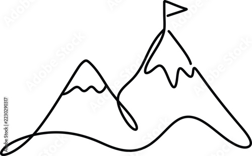 Mountain peak with flag in line art landscape adventure climbing achievement ambition challenge destination continuous
