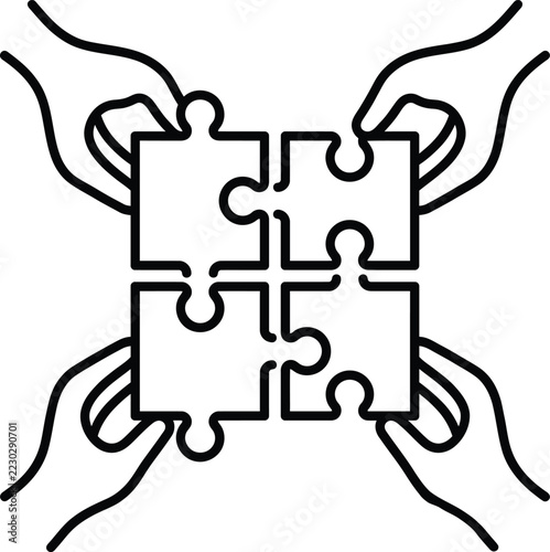 Teamwork concept with four hands assembling puzzle pieces together cooperation collaboration business strategy solution