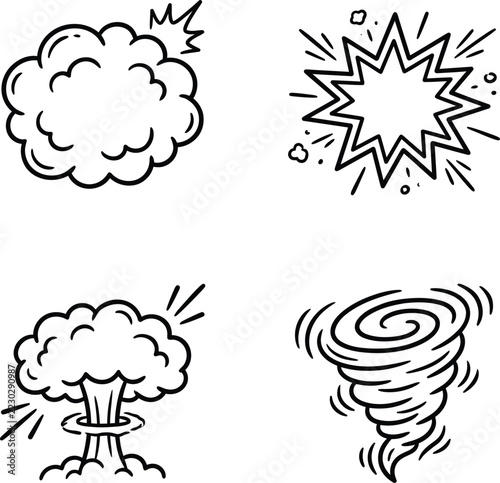 Disaster natural phenomena set displaying wind storm and explosive shock events with explosion emergency shockwave
