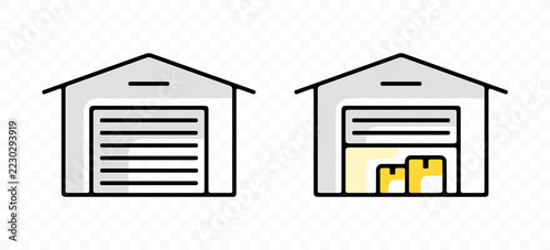 Flat vector illustration of two stylized warehouses, one closed and one open with cardboard boxes inside. Minimalist business symbol for logistics, supply chain, and e-commerce distribution isolated