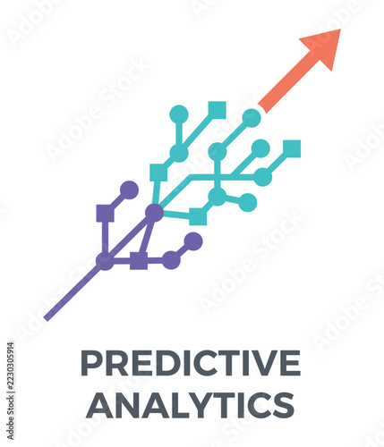 Predictive analytics illustrated with a network of branching nodes and a rising arrow symbolizing positive future growth and data driven decisions