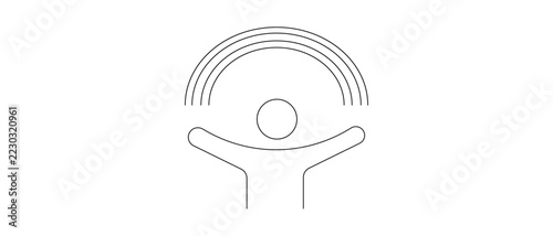 Simple line of a person with arms raised under a rainbow