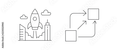 Rocket launch over city skyline and flowchart diagram
