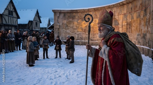 Saint Nicholas of Myra as the original Santa Claus, venerable elderly bishop with luminous white beard, ceremonial crimson robes decorated with Byzantine gold geometry, understated Santa fur trim and 