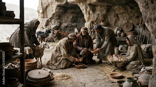 An image of the Three Kings offering gifts to the Infant Jesus in a cave after one foreign traveler becomes momentarily fascinated by the distinctive fleece of a local sheep, gently examining the text