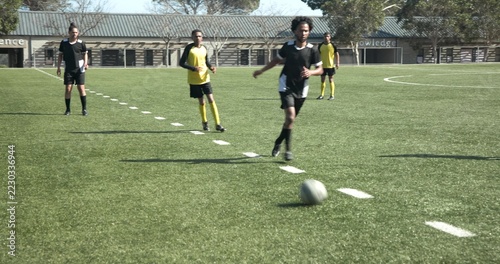 Soccer players in action on field, aiming for goal during intense match