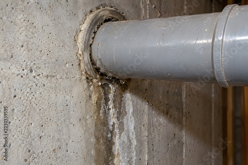 Water infiltration around poorly sealed pipe penetration through concrete foundation wall