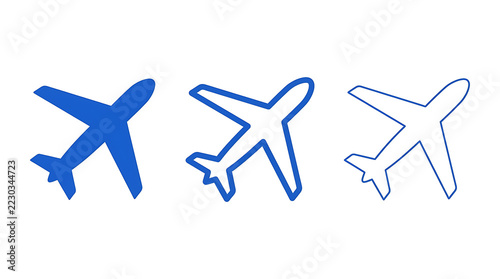Three blue airplane icons isolated on transparent background in different line styles