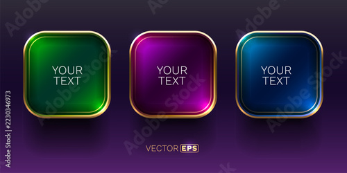Elegant glowing rounded square buttons with golden frames.