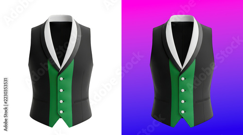 Fotografie Formal waistcoat with black and green fabric and white lapels, isolated on a whi