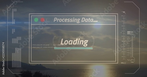 Showing HUD over sea at sunset, displaying Loading bar, green or red buttons, sun reflection, headla