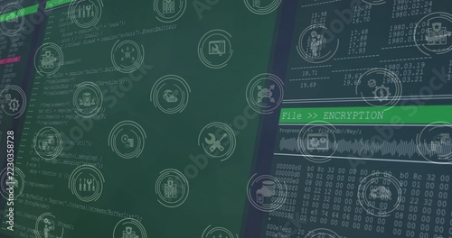 Showing dual vertical panes with monospaced code and ENCRYPTION banner, waveform, icons at console