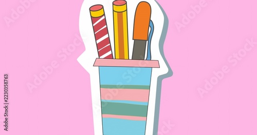 Displaying blue-striped cup sitting inside white head silhouette on pastel pink field, with pencils