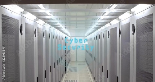 Showing parallel gray server cabinets forming long data center aisle, with Cyber Security overlay