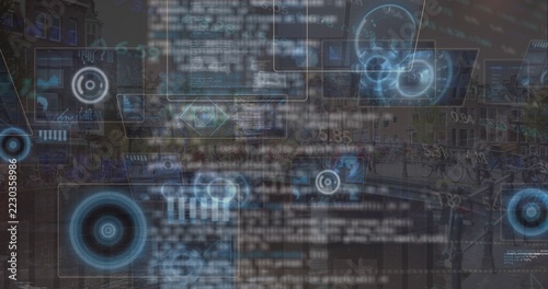 Projecting AR interface overlays over canal street, showing translucent HUD panels, bridge