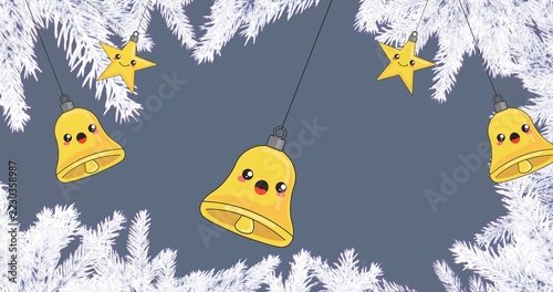 Hanging large yellow bell ornament smiling at center in holiday graphic, showing small bells, stars