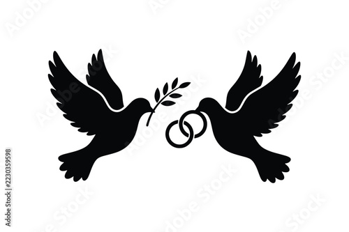 Wedding Doves Carrying Olive Branch And Rings For Marriage Silhouette Vector