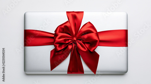 Laptop Wrapped with Red Ribbon Like a Gift, Cyber Monday Online Shopping Concept