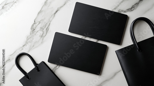 Blank Credit Cards and Mini Shopping Bag on Marble, Online Payment Concept