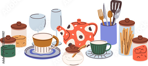 Kitchenware, utensils, household tools composition. Kitchen ware, glassware, cutlery, cups, tea pot, sugar bowl and condiments, spices in jars. Flat vector illustration isolated on white background.