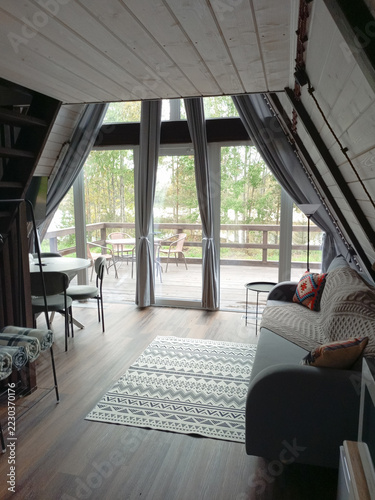 Interior of a living room in a glamping pod