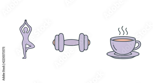 Icons of dumbbells, yoga, and a coffee cup, representing the balance of a healthy lifestyle