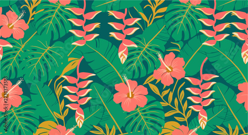 Tropical floral pattern with flowers and leaves