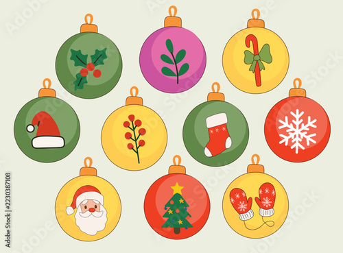 Christmas Glass Ball Decoration. Funny Cartoon Retro Toy Element Collection. New Year Spruce Tree Ornament. Family Celebration Party Xmas Decoration Design Icon Set