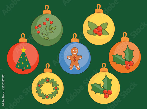 Christmas Glass Ball Decoration. Funny Cartoon Retro Toy Element Collection. New Year Spruce Tree Ornament. Family Celebration Party Xmas Decoration Design Icon Set