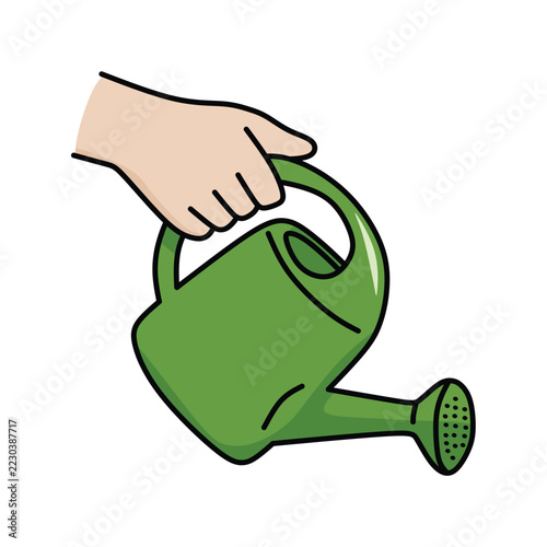 an image of a hand lifting a watering tool in a green garden