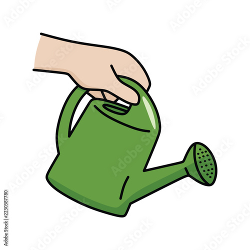 hand holding the spout of a manual plant watering tool