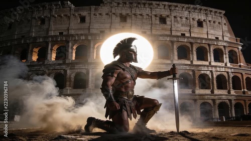 Armored gladiator kneels with a sword before the Colosseum in Rome at night