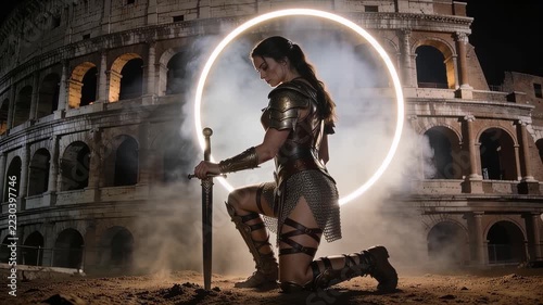 Warrior kneels with a sword before the Colosseum in Rome at night