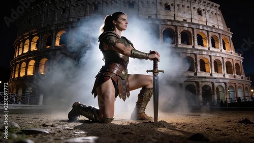 Warrior in armor kneels with a sword before the Colosseum in Rome at night