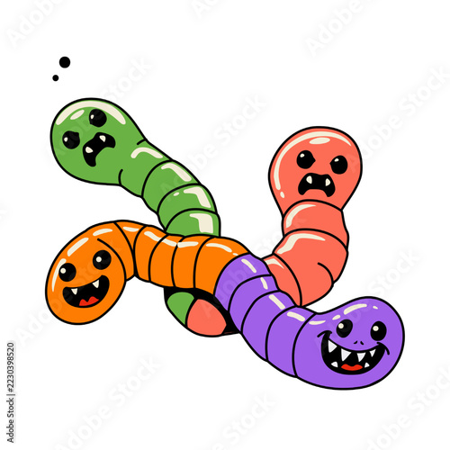 Fotografie Cute colorful cartoon gummy worms crawling together funny Halloween candy invert