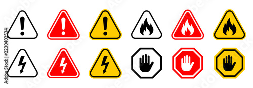 Danger warning safety hazard alert icon set, hazard warning symbols including exclamation point