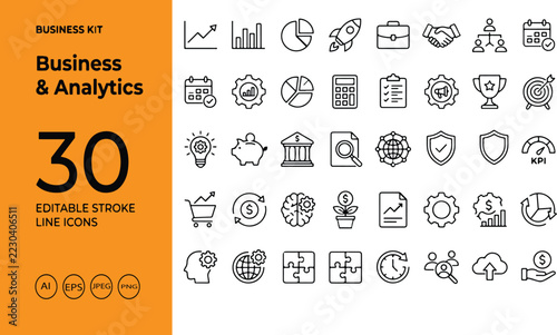 Data analysis statistics and business analytics minimal thin line vector web icon set