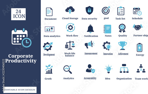 Corporate productivity fill icon set with business management, collaboration, dashboard, leadership, performance, workflow, and office glyphs.